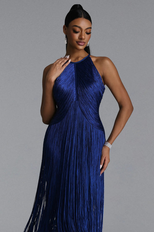 Tivona Halter Fringe Midi Dress
