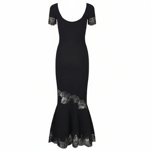 Two views of a black short-sleeve mermaid dress with lace trim at the sleeve cuffs and hem, shown on a plain white background.