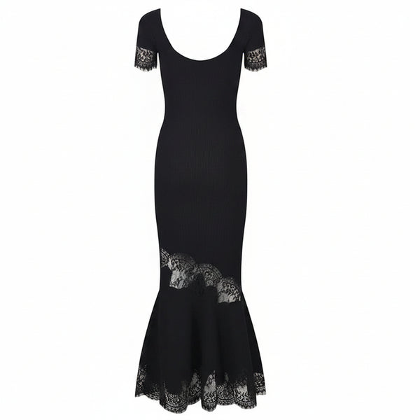 Two views of a black short-sleeve mermaid dress with lace trim at the sleeve cuffs and hem, shown on a plain white background.