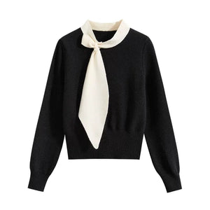 Scarf-Collar Tie Knit Pullover Winteres