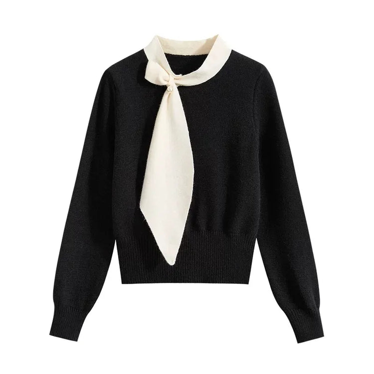 Scarf-Collar Tie Knit Pullover Winteres