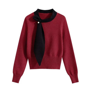 Scarf-Collar Tie Knit Pullover Winteres