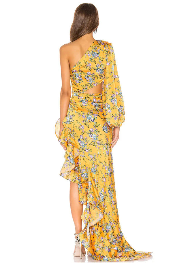 Ladies One-Shoulder Floral Print Ball Gown Casual Style Maxi Length Waist Cut-out Irregular Hem Strapless Neckline Bow Winteres