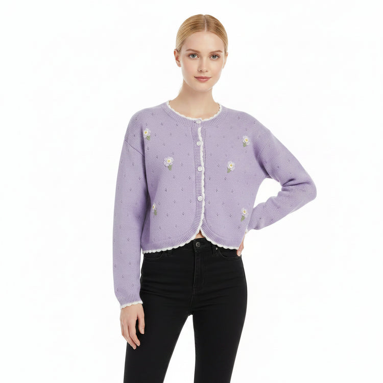 Hollow-Out Embroidered Button Knit Cardigan Winteres