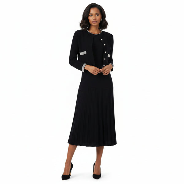 Black jacket and dress set with decorative buttons on a white background