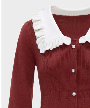 Puff-Sleeve Peter-Pan Hollow Knit Cardigan Winteres