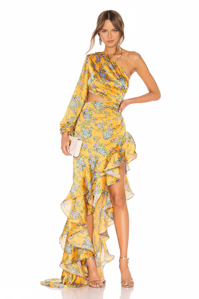 Ladies One-Shoulder Floral Print Ball Gown Casual Style Maxi Length Waist Cut-out Irregular Hem Strapless Neckline Bow Winteres