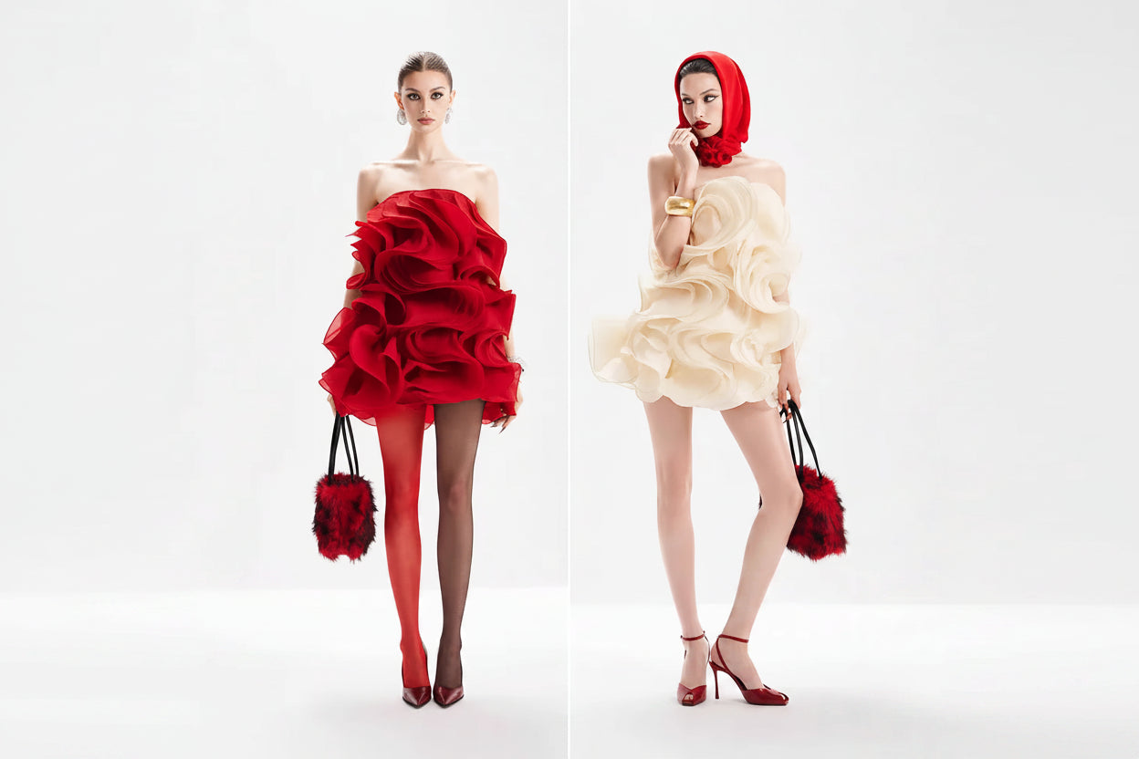 Two women wearing red and white ruffled dresses with matching handbags on a white background.
