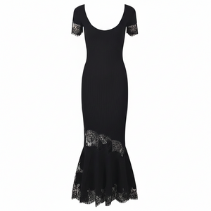 A black off-the-shoulder maxi dress with a fitted bodice, short sleeves, and a flared mermaid-style hem, featuring black lace trim at the neckline, sleeve cuffs, and hem, shown against a plain white background.